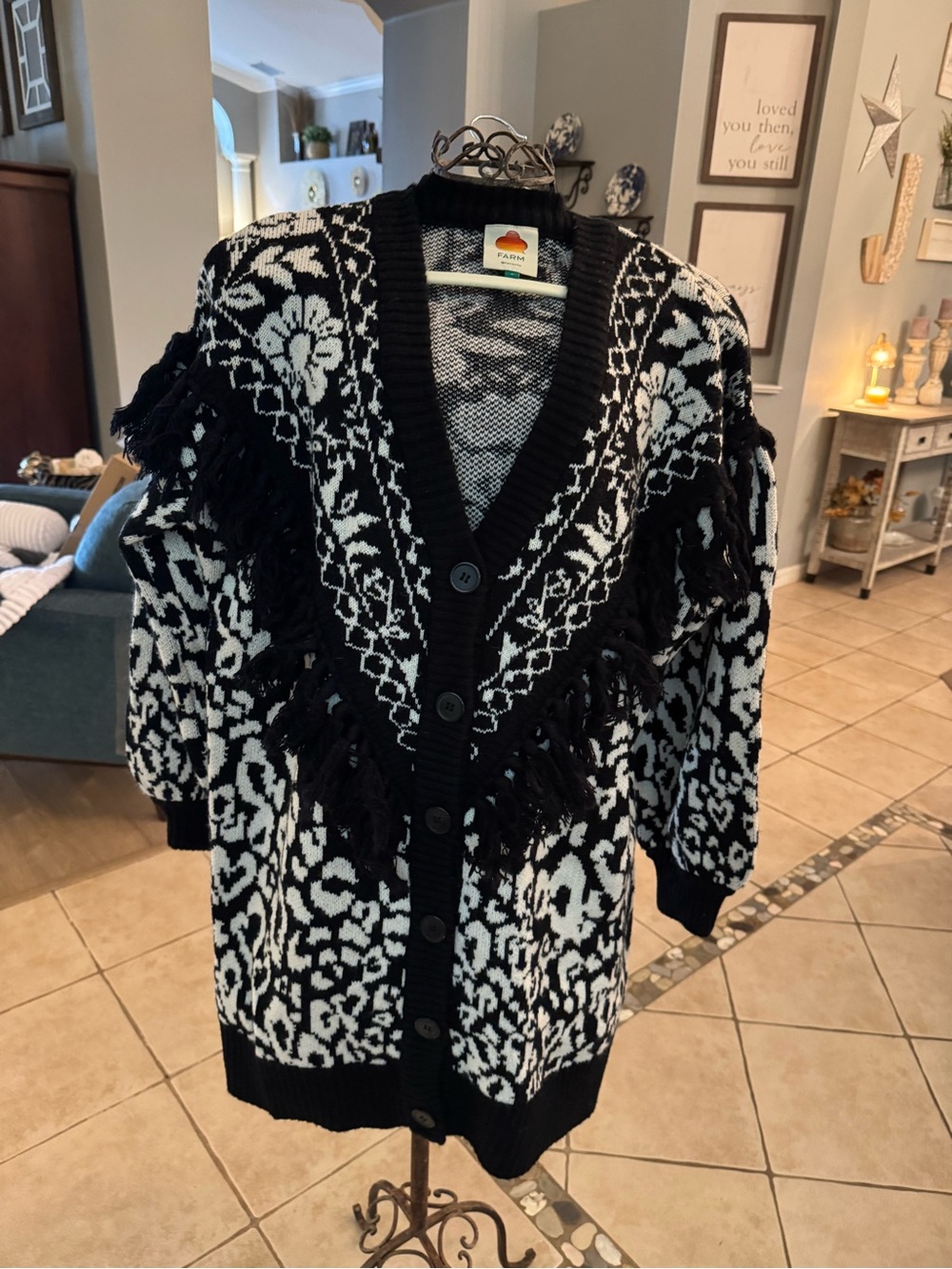 FARM Rio Black and White Fringe Floral Jacquard Cardigan